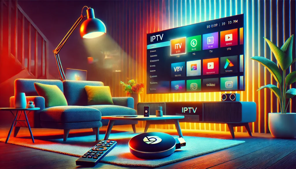 A modern living room setup showcasing Chromecast connected to a TV streaming IPTV channels with a user-friendly interface. The scene includes a cozy couch and a coffee table with a smartphone and remote, creating a tech-savvy environment.